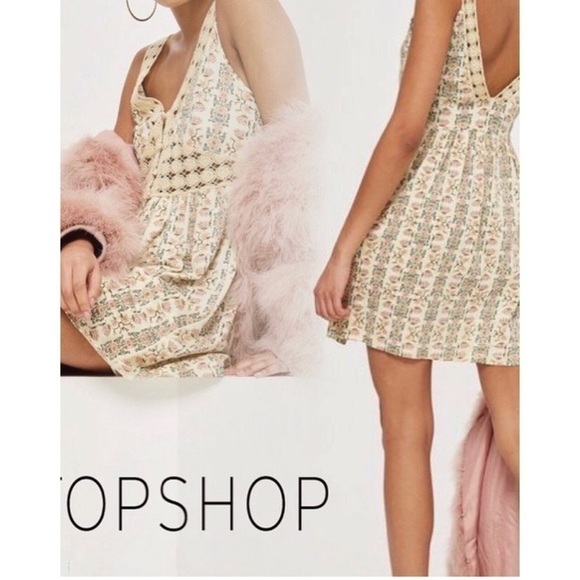TOPSHOP Neutral Floral Crochet Lace B-Neck Low Back Mini Dress Woman’s Size 8 - Picture 4 of 7